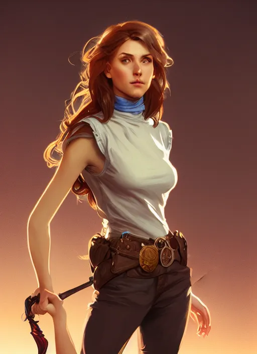 Image similar to portrait of a full body of beautiful young female detective, d & d, sleeveless turtleneck, fantasy, flat lighting, intricate, highly detailed, digital painting, artstation, concept art, smooth, sharp focus, illustration, art by simon bisley and greg rutkowski and alphonse mucha, natural tpose