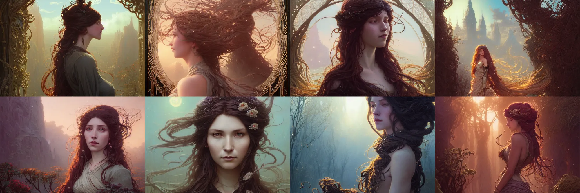 Image similar to highly detailed portrait of a woman with long hairs, stephen bliss, unreal engine, fantasy art by greg rutkowski, art nouveau, loish, rhads, ferdinand knab, makoto shinkai and lois van baarle, ilya kuvshinov, rossdraws, tom bagshaw, alphonse mucha, global illumination, radiant light, detailed and intricate environment