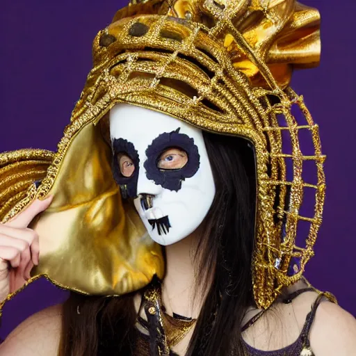 Prompt: full standing figure baroque cultist wearing large occult headpiece, skirt, venice carnival, full face gold Volto mask, mid shot, hyperrealistic