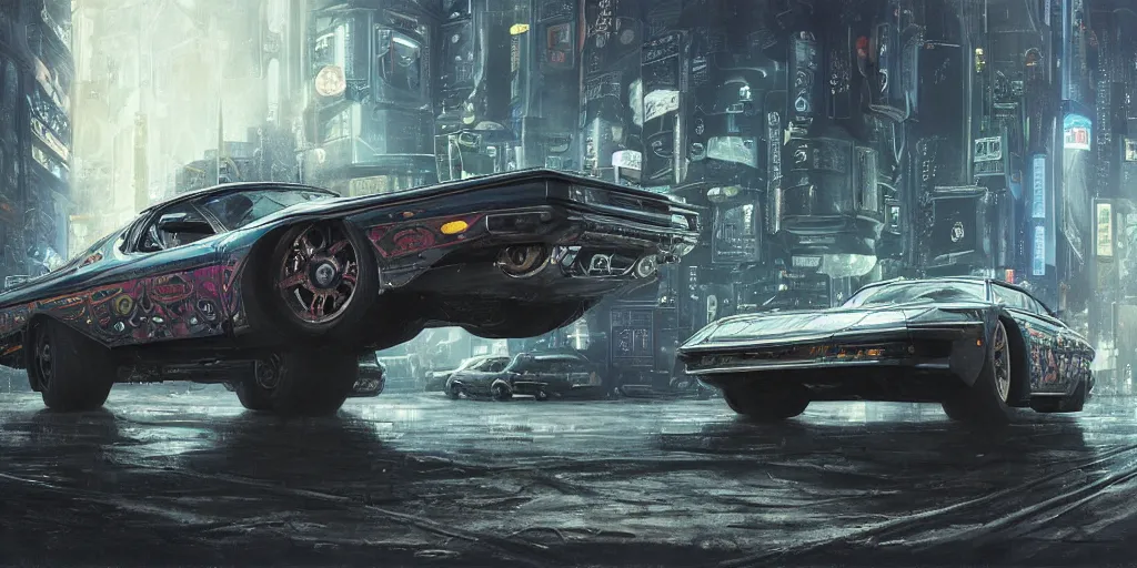 Image similar to full view of a car, intricate, elegant, highly detailed, digital painting, concept art, smooth, sharp focus, art style from Wang Ke and Greg Rutkowski and Bruce Kaiser and Scott Robertson and Dmitry Mazurkevich and Doruk Erdem and Jon Sibal, small style cue from Blade Runner and Total Recall and Cyberpunk 2077