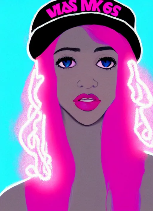 Image similar to portrait of teenage vanessa morgan with bright pink hair, black girl, curly pixie cut hair, wearing newsboy cap, pink short haircut, newsboy cap, hoop earrings, blue eyes, intricate, elegant, glowing lights, highly detailed, digital painting, artstation, concept art, smooth, sharp focus, illustration, art by wlop, mars ravelo and greg rutkowski