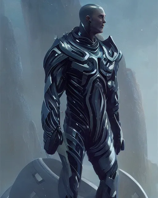 Image similar to wiry muscular male smooth sleek black pearlescent sci - fi armor, by greg rutkowski and mark brookes and jim burns and tom bagshaw and magali villeneuve, trending on artstation