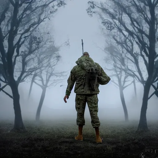 Prompt: cinematic photo of a tall humanoid animal hybrids creature looming over a military camp, fog, army