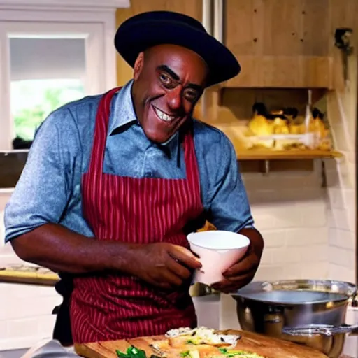 Prompt: ainsley harriott smiling whilst cooking a tasty meal