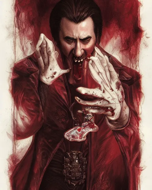 Image similar to nicolas cage as dracula, drink blood, highly detailed, centered, artstation, concept art, smooth, sharp focus, illustration, bokeh art by artgerm and donato giancola and joseph christian leyendecker