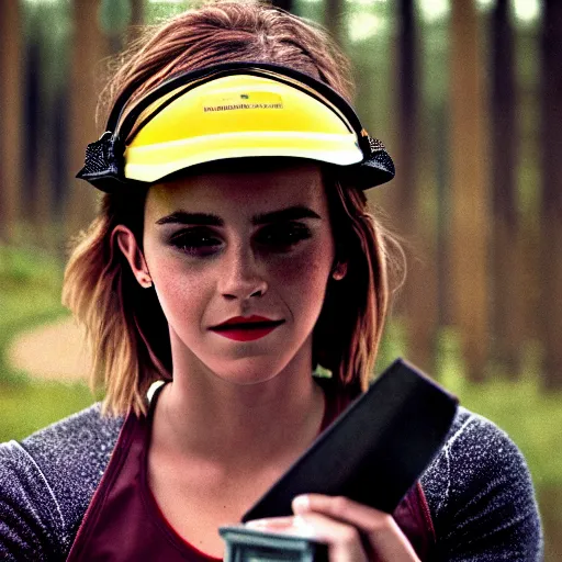 Image similar to photo, close up, emma watson in a hi vis vest, dipping tobacco, portrait, kodak gold 2 0 0,