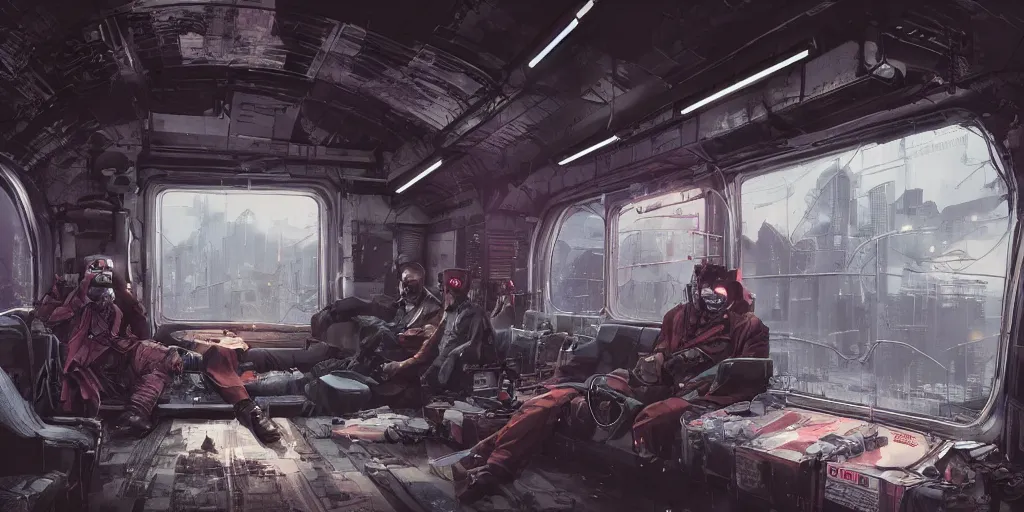 Prompt: cyberpunk train wagon interior, design sheet, concept design, contrast, hot toys, kim jung gi, greg rutkowski, zabrocki, karlkka, jayison devadas, trending on artstation, 8 k, ultra wide angle, pincushion lens effect