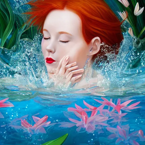 Prompt: drowned redhead princess in stream of lilies