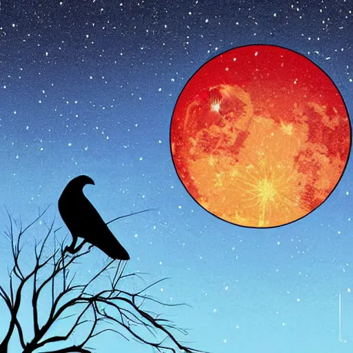 Prompt: Digital art of a crow perched on a bare branch, watching a meteor shower at night. The perspective is behind the crow. The moon is a crescent. The piece evokes a feeling of melancholy in the viewer