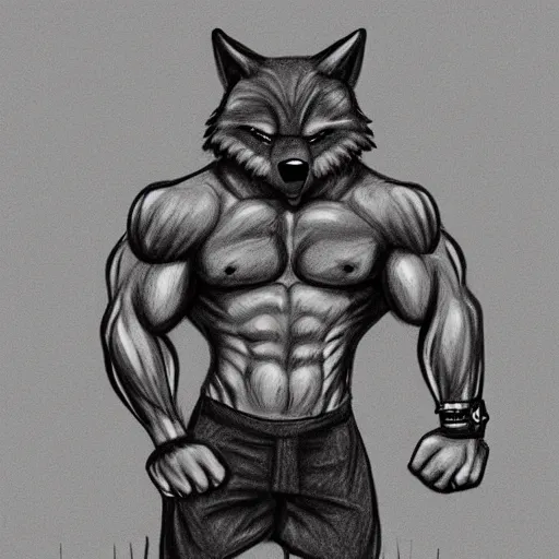 Image similar to master furry artist pencil drawing full body portrait character study of the anthro male anthropomorphic wolf fursona animal person wearing gym shorts bodybuilder at gym