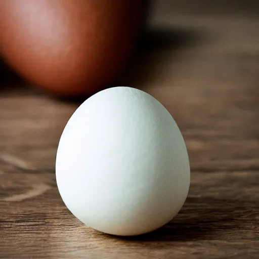 Prompt: a photograph of a hard boiled egg, sitting on top a table, there is a table cloth with an ornate pattern. minimalistic, natural light, depth of field