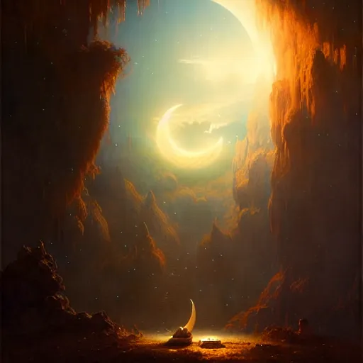 Image similar to giant shining crescent in a magic fluffy persian carpet dimension, by greg rutkowski and gaston bussiere, dim lighting, beautiful volumetric - lighting - style atmosphere, surreal atmosphere, intricate, detailed, photorealistic imagery, artstation