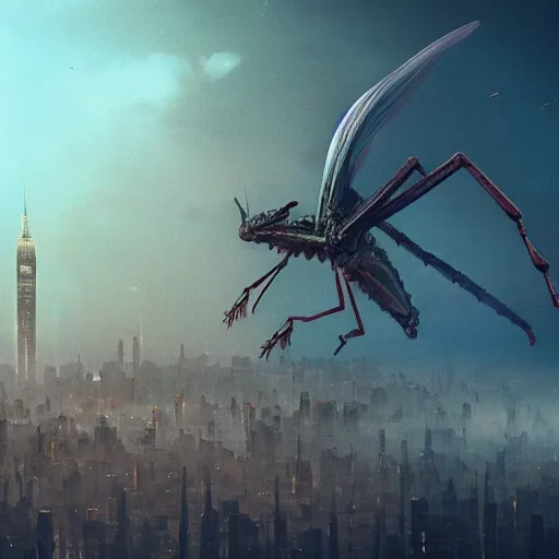 Image similar to a mantis kaiju with spread wings attacking a city, legendary epic shot, blade runner, low camera angle, dawn, by artgerm, ed repka, cloverfield movie, julie bell, beeple and Greg Rutkowski, airbrush, science fantasy, 50s, concept art, matte painting, Smooth gradients, octane render, 8k, High contrast, duo tone, depth of field, volumetric lightning, very coherent artwork