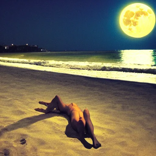 Image similar to nosferatu sunbathing at the beach at night time, full moon