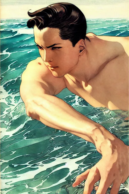 Prompt: attractive man in the ocean, painting by j. c. leyendecker, yoji shinkawa, katayama bokuyo