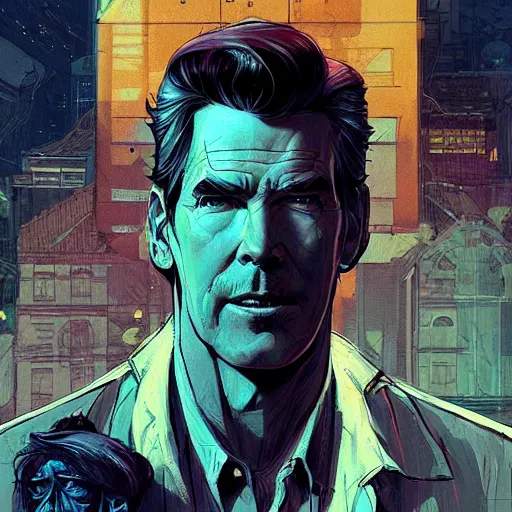 Image similar to a study of cell shaded portrait of pierce brosnan concept art, llustration, post grunge, concept art by josan gonzales and wlop, by james jean, Victo ngai, David Rubín, Mike Mignola, Laurie Greasley, highly detailed, sharp focus, alien, Trending on Artstation, HQ, deviantart, art by artgem