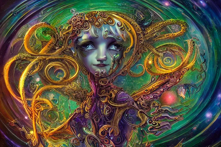 Prompt: spacecore, eldritch, psychic, elemental masterpiece 8k resolution Behance HD scrollwork magic conduits zBrush Central contest winner, cel-shaded gothic psychedelic wonderland pastiche by Josephine Wall, deep color