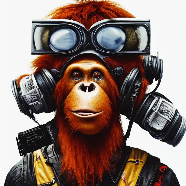 Image similar to a portrait of an anthropomorphic cyberpunk orangutan in a motorcycle helmet by sandra chevrier, detailed render, tape deck, boombox, headphones, epic composition, cybernetics, 4 k realistic, cryengine, realistic shaded lighting, sharp focus, masterpiece, by matteo scalera, gary montalbano, peter elson in the style of the tokyo ghost comic