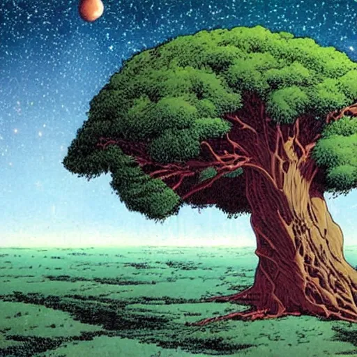 Image similar to a large tree rooted in a rough diamond planet floating in space, by moebius