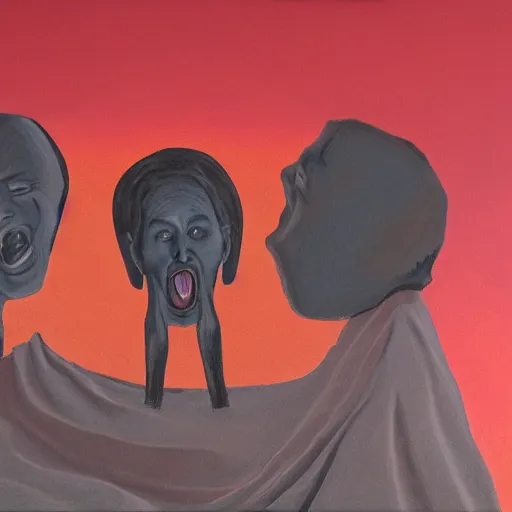 Prompt: a paint and pastel - on - board piece that shows a central androgynous figure against a blood - red sky. the person's mouth is open wide in a silent scream, while their eyes are black voids. they are surrounded by two other people, one of whom is also screaming. the background is a jagged landscape with mountains and water.