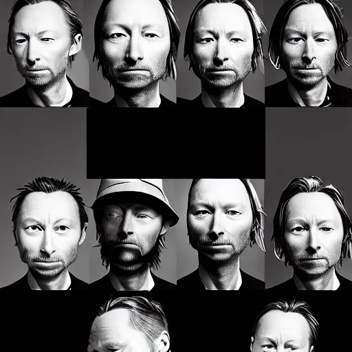 Prompt: versions of variations, hyper realistic, many variations of thom yorke, face variations, various emotions, various poses, high quality, intricate details, beautiful lighting