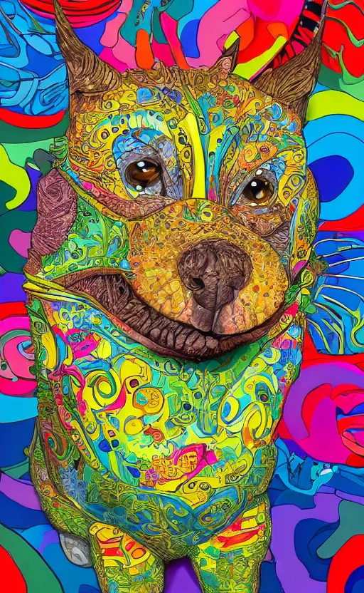 Prompt: a bright colorful intricate and very detailed photorealistic painting of a funny looking character. the character is making a silly face and the background is filled with happy looking animals. high quality. photorealistic. hq. hd. 4 k. award winning. trending on artstation