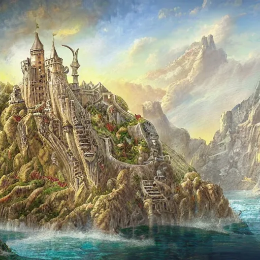 Image similar to steep cliffside medeival fantasy city, painting, intricate and detailed, hight quality