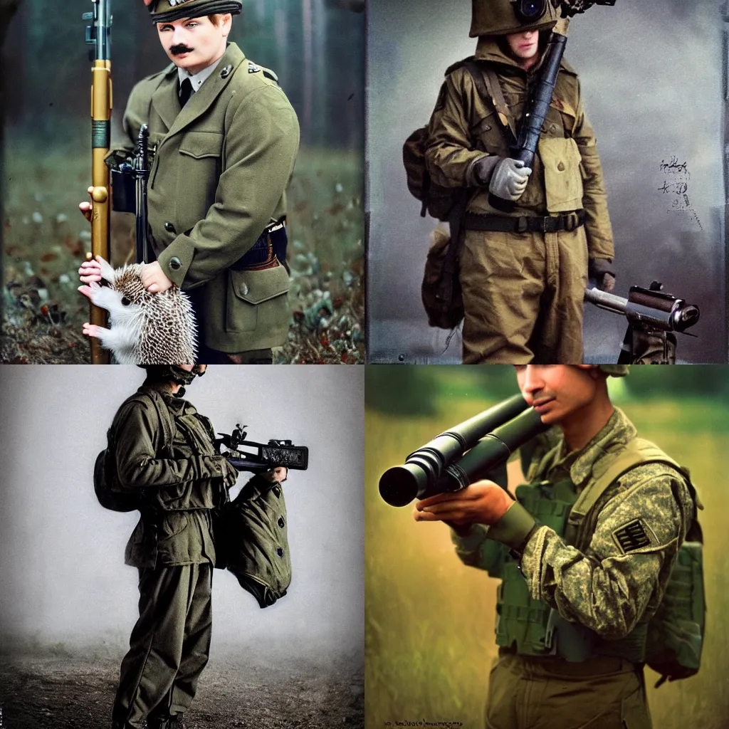 Prompt: anthropomorphic hedgehog!!!! wears army soldier uniform holding bazooka , secretly on a village, Cinematic focus, Polaroid photo, vintage, neutral colors, soft lights, foggy, by Steve Hanks, by Serov Valentin, by lisa yuskavage, by Andrei Tarkovsky