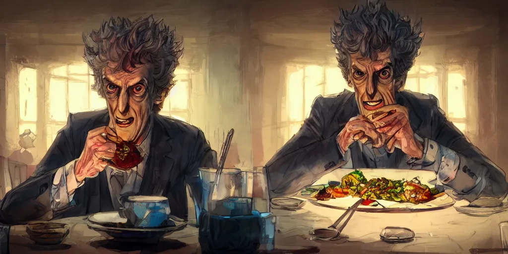 Image similar to cartoonish peter capaldi eating dinner, vivid colors, character sheet, fine details, concept design, contrast, kim jung gi, greg rutkowski, trending on artstation, 8 k, full body, turnaround, front view, back view, ultra wide angle