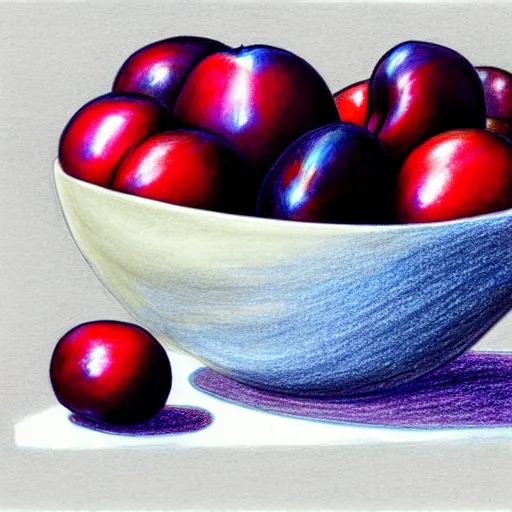 Image similar to drawing of a single bowl filled with a few moist freshly picked plums on a wooden table. painting, illustration, volumetric lighting, detailed, small scale, art, trending on artstation.