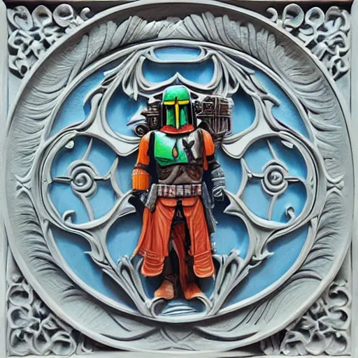 Prompt: intricate colorfully painted carved soapstone relief paneling, white and pale blue, celestial, ghostly, cathedral, insanely detailed, depiction of boba fett