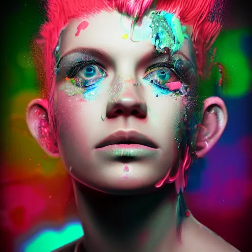 Image similar to portrait made out of exploding paint, punk rock women, short blond hair, octane render, highly detailed, realistic, beautiful, splashes of neon, comic book art