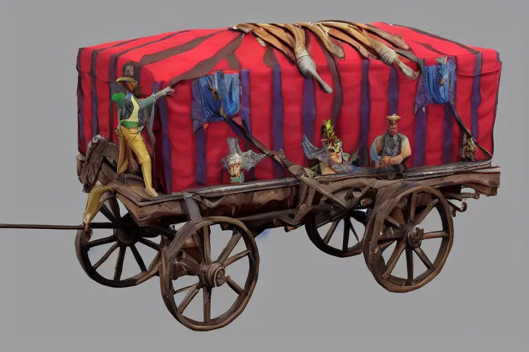 Prompt: 3d sculpt of a circus wagon, artstaton, League of Legends, red dead redemption2, digital illustration