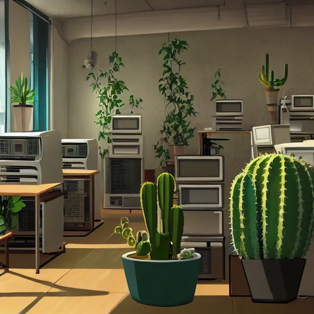 Prompt: an interior room with old pc computers stacked on the walls with potted plants and cacti, makoto shinkai