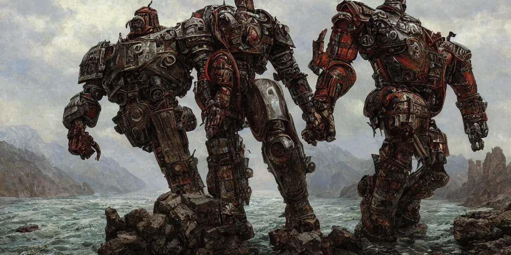 Prompt: full body rusty steel single titan colossus terminator T-800 in pacing through hills, crossing the river, mountain valley to fortress, with armour, artillery, fine art, cinematic, artstation, matte painting, masterpiece by vasnetsov and surikov, JEAN-VICTOR BERTIN