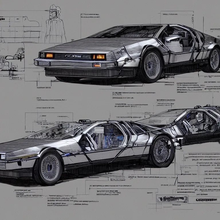 Prompt: blueprint of a sleek concept delorean, by red dead redemption 2, by greg rutowski