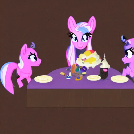 Image similar to Ponies from My Little Pony sitting at a table