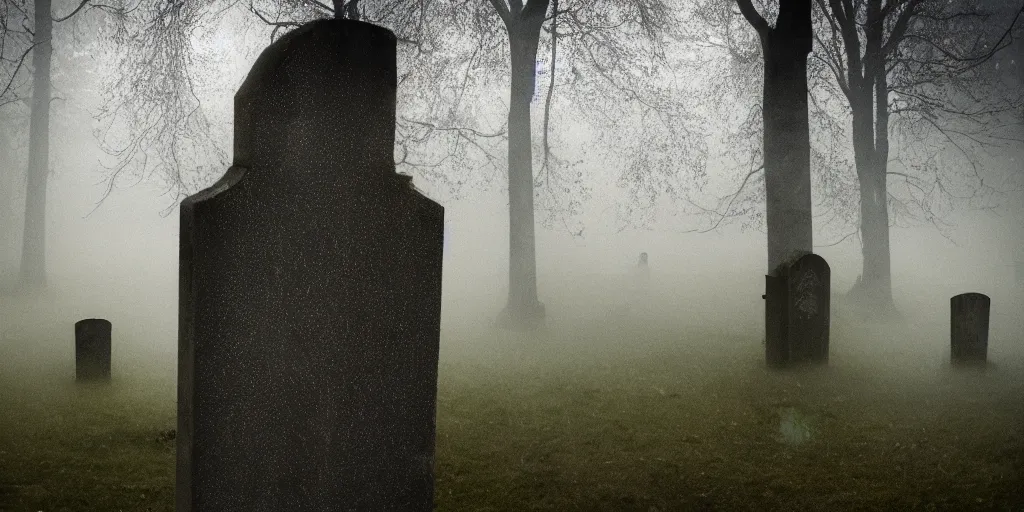 Image similar to creepy weeping transparent female ghostly apparition at a gravestone, horror, Highgate cemetery, tombs, , blanket of fog, rain, volumetric lighting, beautiful, golden hour, sharp focus, ultra detailed, cgsociety