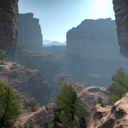 Prompt: canyon in between mountains, unreal engine, high detail, realism, award winning, detailed lighting