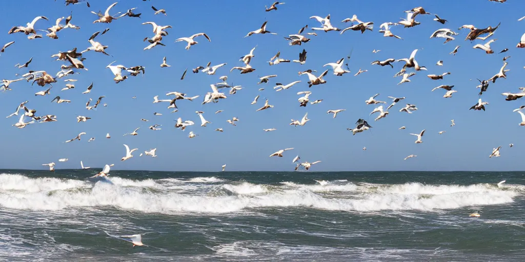 Prompt: seagulls flying above a rough surf