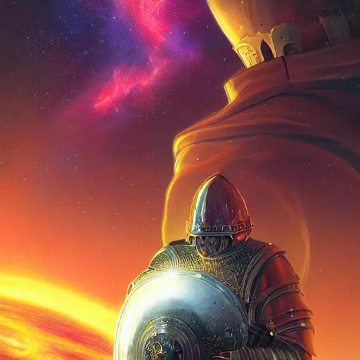 Prompt: a medieval knight in front of the sun of a susnet, unique helmet made of a nebula, detailed, intricate, close up, high fantasy, by wlop, by ross tran, by andreas rocha