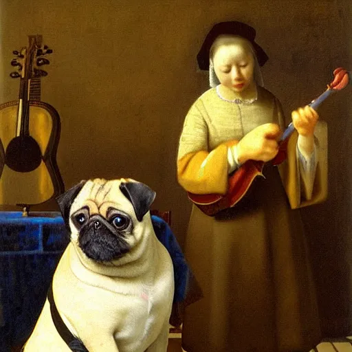 Prompt: painting of a Pug leading an orchestra. By Johannes Vermeer.
