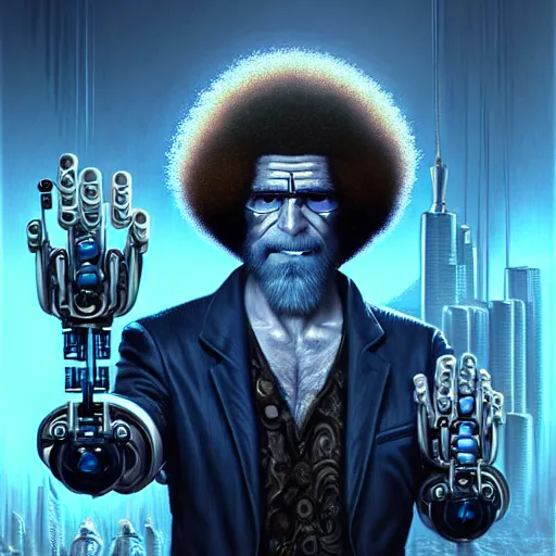 Prompt: bob ross with extremely large and intricate eye cyberpunk bionics with angry blue eyes and slim features looking askance, eye cyberpunk bionics, retro futurist style, intricate, elegant gleaming intricate baroque jewelry, angelic halo, highly detailed, digital painting, artstation, concept art, smooth, sharp focus, illustration, art by wlop, mars ravelo and greg rutkowski,