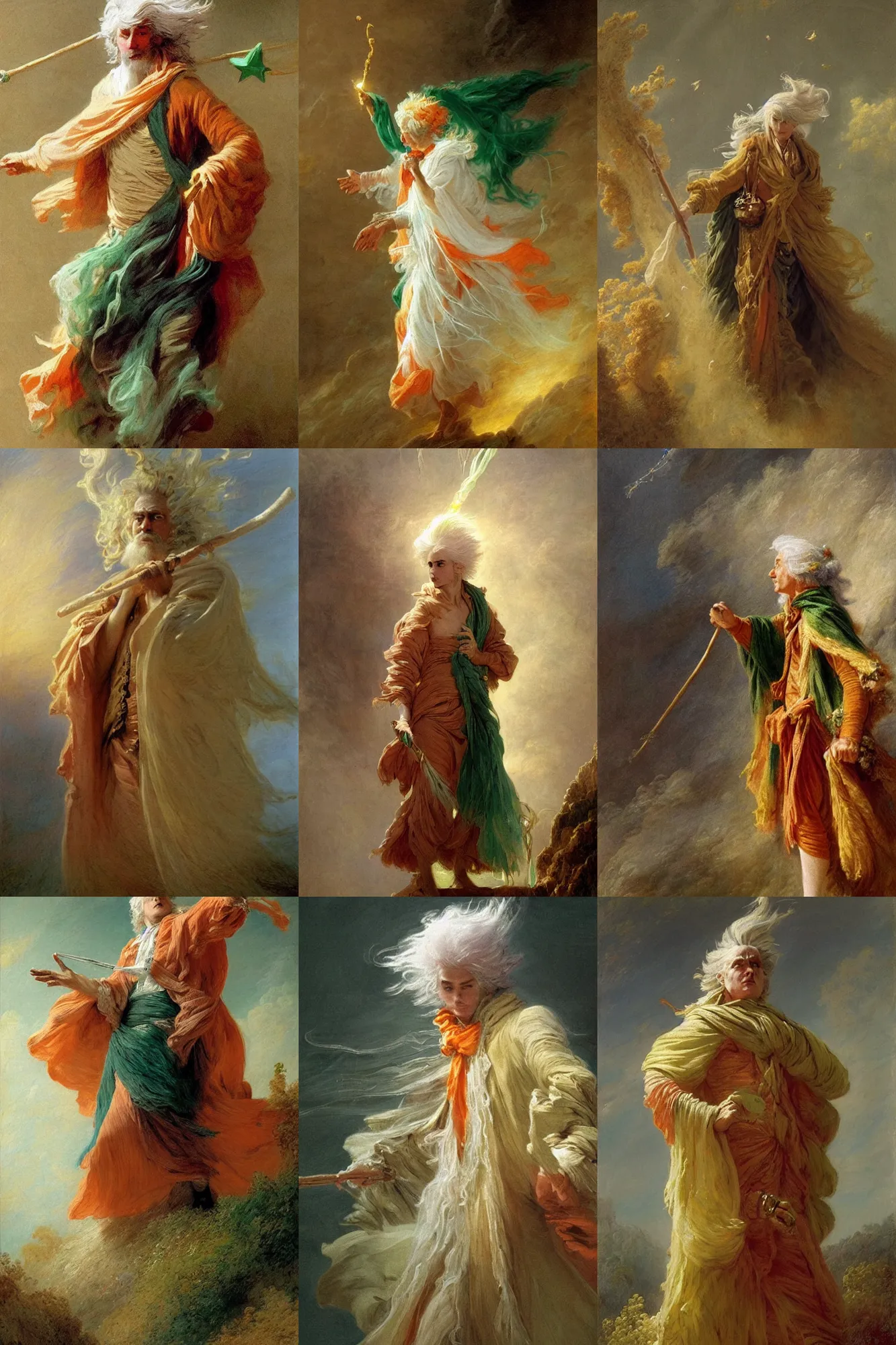 Prompt: a wizard with white hair and a green scarf, windy, cape, orange ribbons, stars, melancholic, modern maximalist fashion dress, is ( ( holding a staff ) ). light dust, magnificent, hyperdetailed, theatrical, painted by jean honore fragonard and gaston bussiere and greg rutkowski