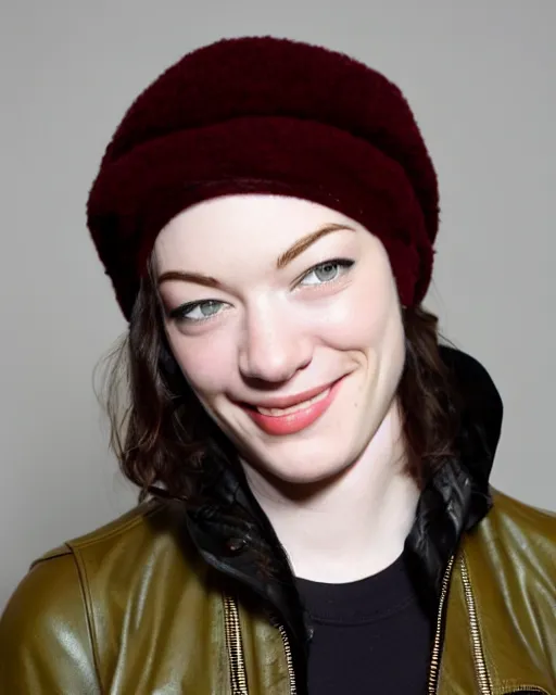 Image similar to headshot of a smiling, stoya, she is wearing a leather bomber cap on her head, she is also wearing an a 2 flight jacket, a long green wool scarf is wrapped around her neck