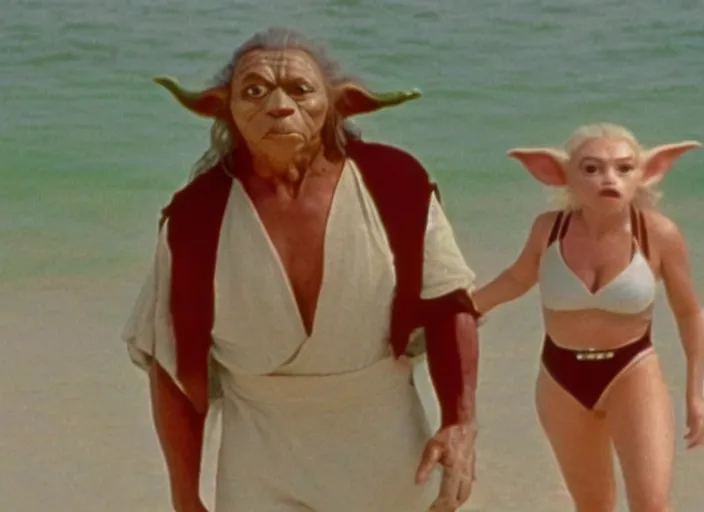 Prompt: a film still of yoda in baywatch 1 9 8 9