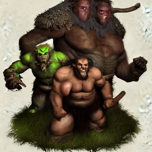 Image similar to giant ettin with two heads, ettin from dungeons and dragons, dnd in a dark forest, digital art, high quality render, artstation, 8 k, photograph quality, ultrahd