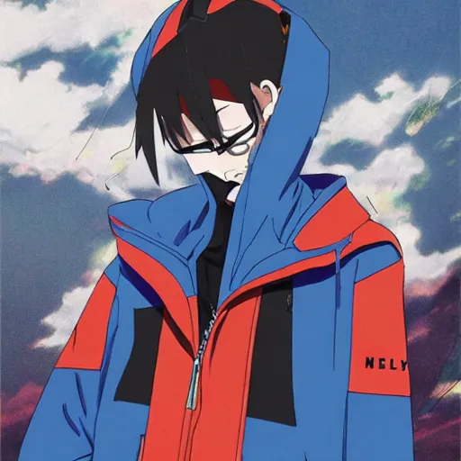 Image similar to gainax anime characters evangelion flcl fooly cooly wearing oversized hoodies balenciaga vetements, official art