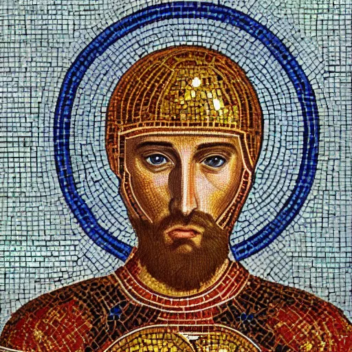 Prompt: realistic portrait of a crusader knight in a byzantine mosaic, very detailed, very realistic, elegant, top art, renowed artwork