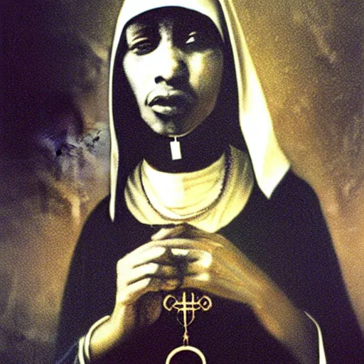 Prompt: a black nun wearing shiny jewelry, she's smoking a cigar and puffing smoke, by Beksinski, star-shaped lens flare